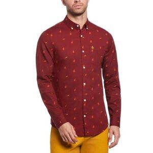 Original Penguin Mens Long Sleeve Button-Down Shirt Red With Print Size L